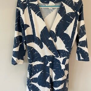Blue and White Leaf Print Romper